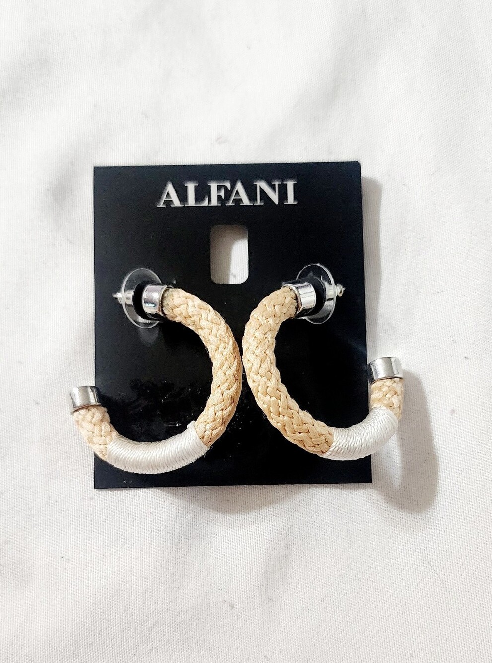 Alfani Beige and White Braided Hoop Earrings with Silver-Tone Accents